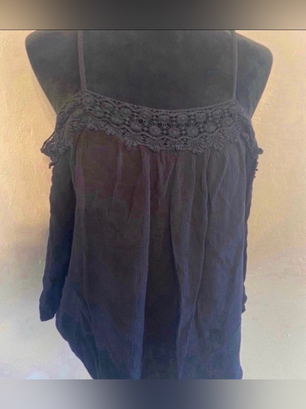 Women’s Long Sleeve Black Crochet-Trim Spaghetti Strap Women's Top (Size XL)